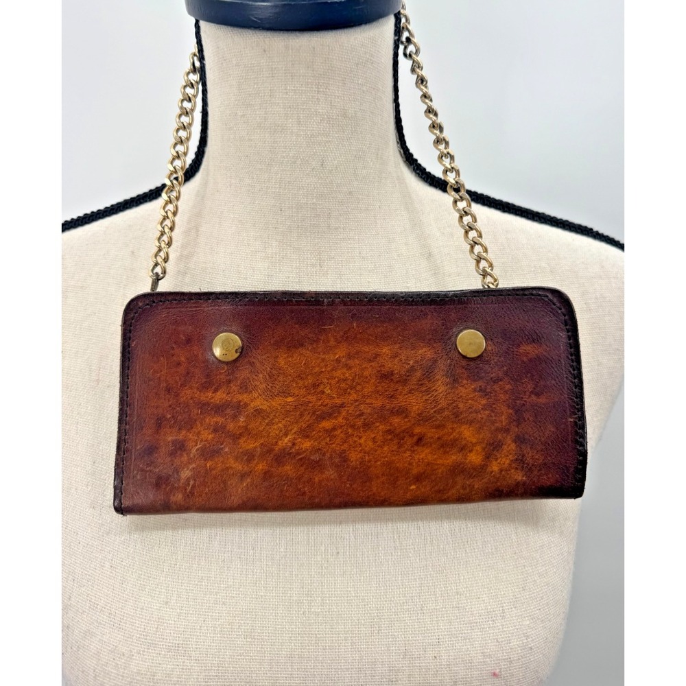 Vintage Full Grain Leather Metal Chain Snap Buttons Bifold Wallet Biker Trucker